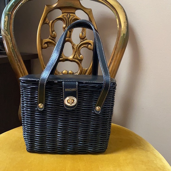 Vintage Handbags - VTG Black Wicker Straw French Girl Picnic Basket Bag